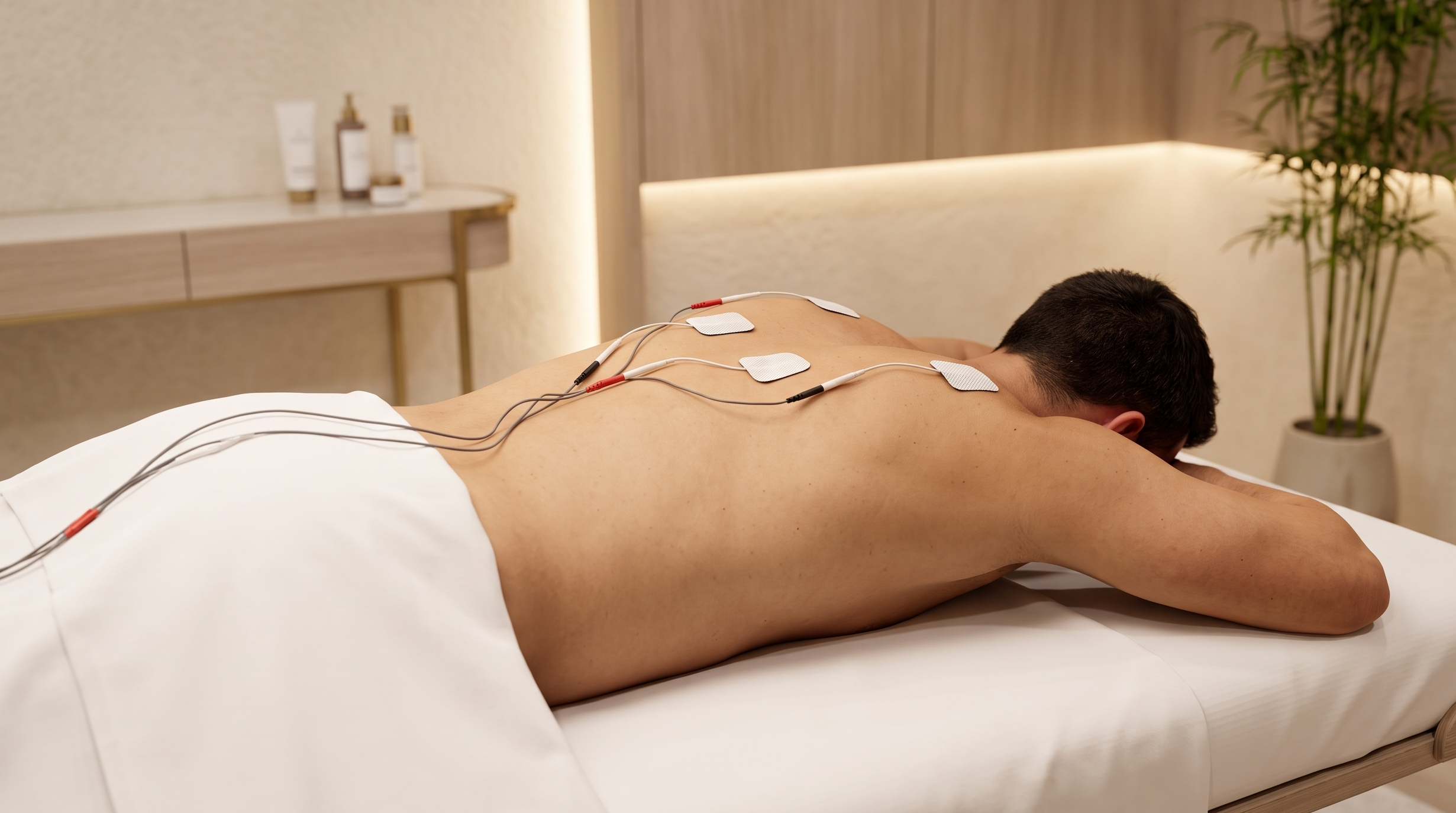 A man lies face down on a spa treatment table with electrode pads attached to his back in a modern, softly lit room.
